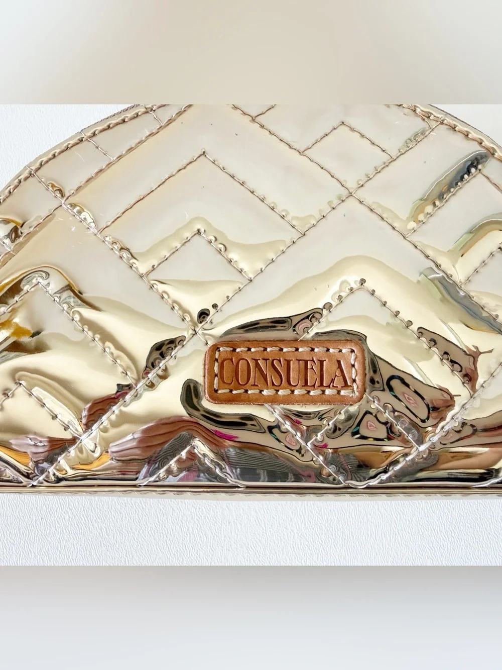 Consuela Bag Evadney Metallic Gold Quilted Cosmetic Make Up Case Chevron Travel